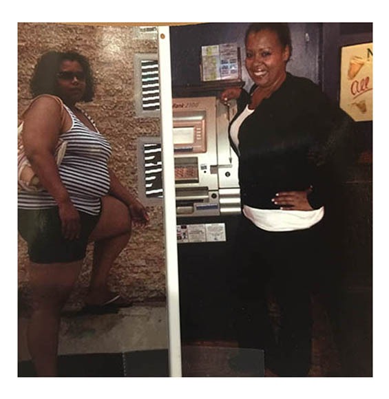 Before and after transformation showcasing two women: one in a striped top at an ATM, the other confidently posing at the same location.