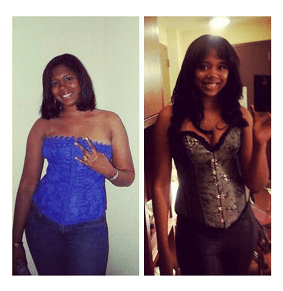 A side-by-side comparison of two women wearing corsets: one in blue on the left, the other in black on the right, both showcasing their stylish outfits and smiles.